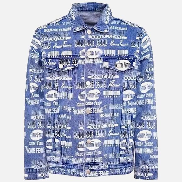 Homme + Femme Men's Blue Long Sleeve All Over Logo Print Denim Jacket 2XL - Picture 1 of 11